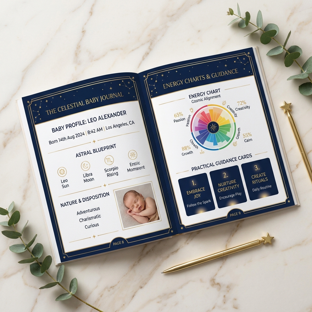 Baby Synergy Blueprint — luxury PDF keepsake showing energy type, authority, centres, channels, and gates